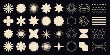 Big vector set of brutalist geometric shapes. Trendy abstract minimalist figures, stars, flowes, circles. Modern abstract graphic design elements.Vector illustration