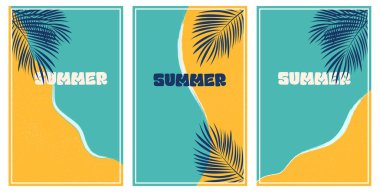 Palmiye yaprakları ve plajlı retro yazlık poster seti. Dikey retro arka plan.