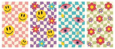 70 'lerin, 60' ların arka planlarından oluşan bir vektör seti. Satranç tahtası ve çarpık psttern.Y2k posterleri..