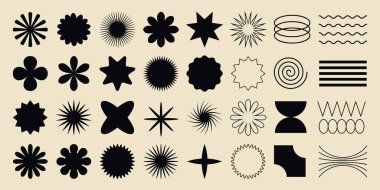 Big vector set of brutalist geometric shapes. Trendy abstract minimalist figures, stars, flowes, circles. Modern abstract graphic design elements.Vector illustration
