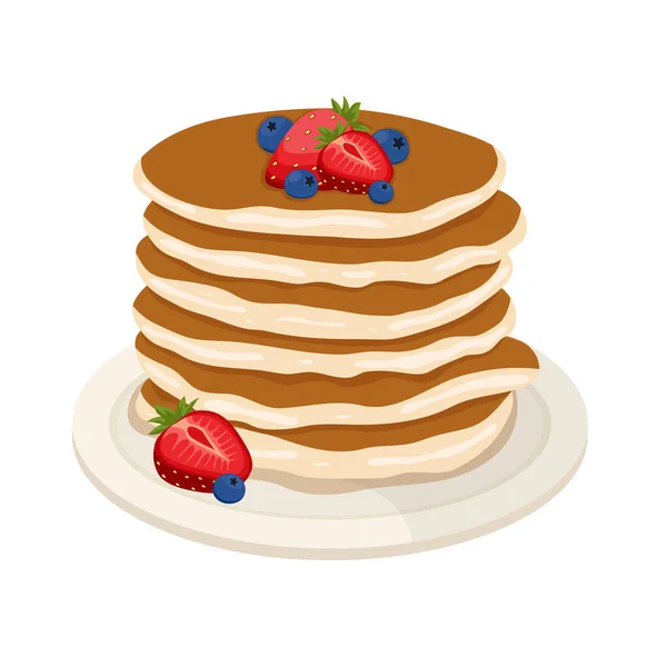 Pancake Dengan Blueberry Dan Strawberry Piring Tumpukan Pancake Lezat Dengan - Stok Vektor