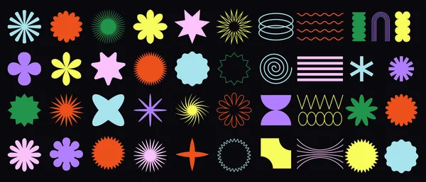 Gaddar geometrik şekillerden oluşan büyük bir vektör kümesi. Moda minimalist figürler, yıldızlar, akıntılar, daireler. Modern soyut grafik tasarım elementleri. Vektör