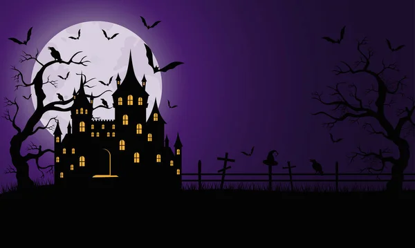 城と不気味なハロウィーンの背景 満月の背景にコウモリ ハロウィーンのデザイン — ストックベクタ