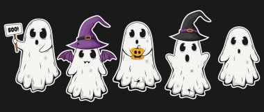 Cadılar Bayramı hayalet karakter çıkartmasının vektör seti. Komik Hallowwen ürkütücü yaratıklar. Vektör.