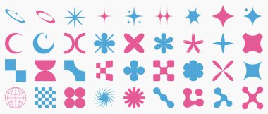 Büyük geometrik y2k tasarım elementleri vektörü. Soyut yıldız, kıvılcım, çiçek toplama. İsviçre, Bauhaus ve memphis stilinde basit geometrik form.