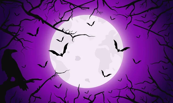 Halloween Hintergrund Mit Fledermaus Vollmond Rabe Und Kahlen Bäumen Violet — Stockvektor