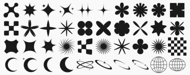 Big vector set of brutalist geometric shapes. Trendy abstract minimalist figures, stars, flowes, circles. Modern abstract graphic design elements.Vector illustration