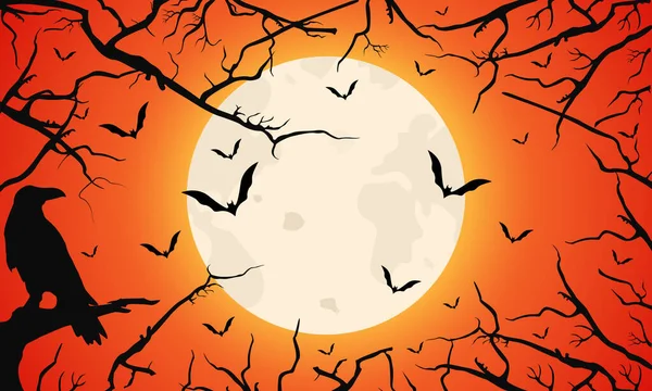 Fondo Halloween Con Murciélago Luna Llena Corona Árboles Desnudos Plantilla — Archivo Imágenes Vectoriales