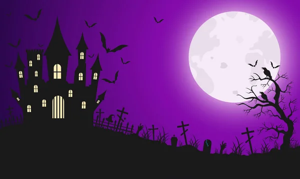 鬼鬼祟祟的万圣节背景和城堡蝙蝠在月亮的背景下飞行 万圣节的设计B — 图库矢量图片