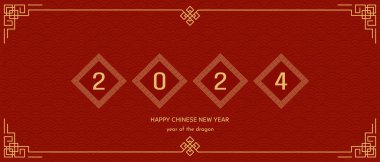 Mutlu Çin Yeni Yılı 2024. Kırmızı zemin üzerinde 2024 numaralı altın. Yeni yıl teması. Vektör
