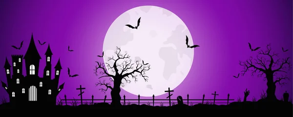 Spooky Halloween Violet Background Casttle Bats Background Full Moon Halloween — Stock Vector