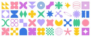Big vector set of brutalist geometric shapes. Trendy abstract minimalist figures, stars, flowes, circles. Modern abstract graphic design elements.Vector illustration