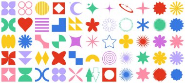 Gaddar geometrik şekillerin kolajı. Moda minimalist figürler, yıldızlar, akıntılar, daireler. Modern soyut grafik tasarım elementleri. Vektör çizimi