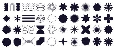 Gaddar geometrik şekillerden oluşan büyük bir vektör kümesi. Moda minimalist figürler, yıldızlar, akıntılar, daireler. Modern soyut grafik tasarım elementleri. Vektör