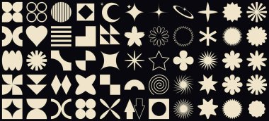 Gaddar geometrik şekillerden oluşan büyük bir vektör kümesi. Moda minimalist figürler, yıldızlar, akıntılar, daireler. Modern soyut grafik tasarım elementleri. Vektör