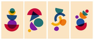 Moda risograf yazdırma biçiminde geometrik dikey poster vektör kümesi. Vektör renkli arkaplan...