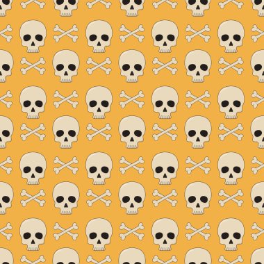 Turuncu arka planda kafatası ve kemikleri olan kusursuz bir Cadılar Bayramı deseni. resimleme