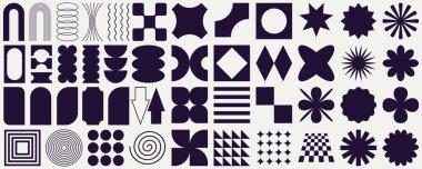 Gaddar geometrik şekillerden oluşan büyük bir vektör kümesi. Moda minimalist figürler, yıldızlar, akıntılar, daireler. Modern soyut grafik tasarım elementleri. Vektör