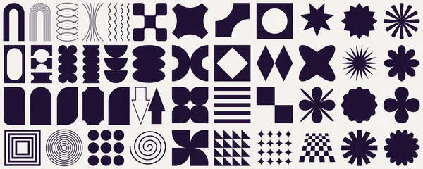 Gaddar geometrik şekillerden oluşan büyük bir vektör kümesi. Moda minimalist figürler, yıldızlar, akıntılar, daireler. Modern soyut grafik tasarım elementleri. Vektör