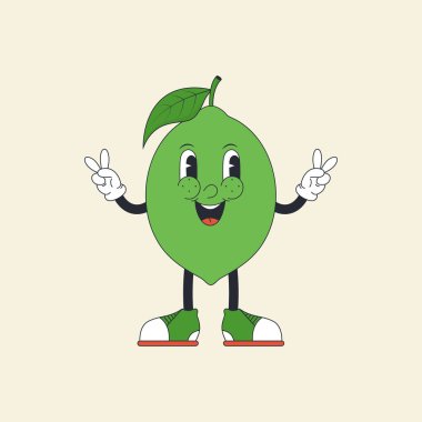 Groovy hippie cartoon lime in trendy 60s, 70s style. Vector