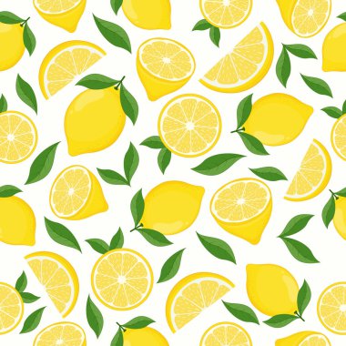 Sarı limonlu, tropik, pürüzsüz bir desen. Tekrarlanan meyve arka planı. Vektör illüstrasyonu