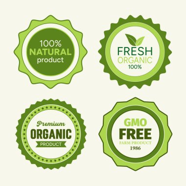 Organik ürün rozetleri. GDO 'suz. Gıda ürünleri etiketi simgeleri. Doğal, sağlıklı yemek rozeti amblemleri..