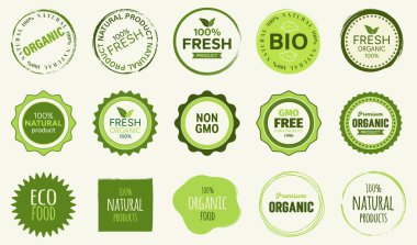 Vector set of organic product badges. GMO-free. Food product label sticker icons. Natural, healthy meal badge emblems. clipart