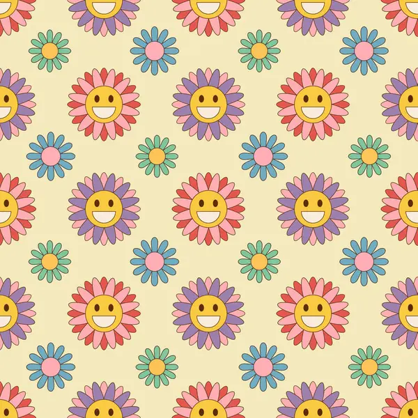 Pola Mulus Bunga Dengan Bunga Daisy Dengan Gaya Trendi Retro Grafik Vektor