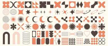 Gaddar geometrik şekillerin vektör kümesi. Moda minimalist figürler, yıldızlar, çiçekler, daireler. Modern soyut grafik tasarım elementleri. Vektör illüstrasyonu