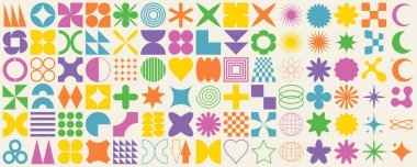 Soyut geometrik şekillerin büyük vektör kümesi. Moda minimalist figürler, yıldızlar, çiçekler, daireler. Modern grafik tasarım ögeleri.