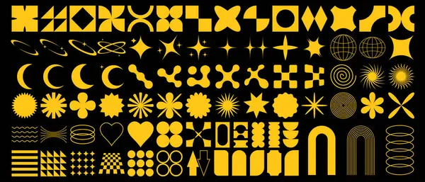 Big vector set of brutalist geometric shapes. Trendy abstract minimalist figures, stars, flowers, circles. Modern abstract graphic design elements.