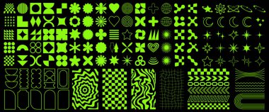 Y2K tasarım elementlerinden oluşan büyük bir vektör kümesi. Moda minimalist figürler, yıldızlar, çiçekler, daireler.