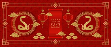 Happy Chinese New Year 2025. Red background with golden snake, fan, and Chinese lanterns. clipart