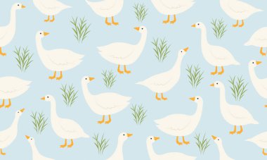 Güzel beyaz kazları ve otları olan kusursuz bir desen. Vektör