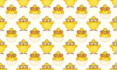 Paskalya desensiz, çizgi filmdeki, güneş gözlüklü harika hatunlarla. 70 'lerin modası geçmiş hippi tarzı piliç karakterleri. Vektör