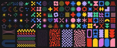 Y2K tasarım elementlerinden oluşan büyük bir vektör kümesi. Moda minimalist figürler, yıldızlar, çiçekler, daireler. Vektör