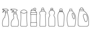 Boş deterjan şişelerinin vektör kümesi doğrusal simgeler. Düzenlenebilir vuruş.