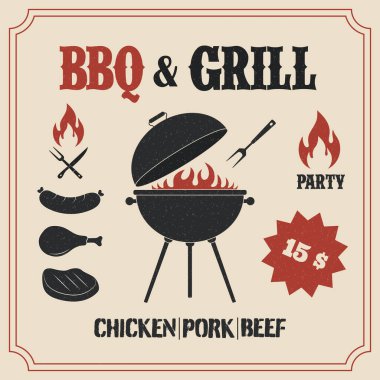 Retro barbekü posteri. Barbekü ve ızgara partisi davetiyeleri tasarım şablonu. Vektör