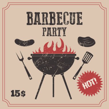 Retro barbekü posteri. BBQ parti davet tasarım şablonu grunge desenli. Vektör