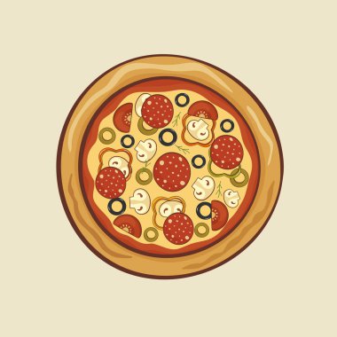 Peynirli yuvarlak pizza, kırmızı biber, salam, zeytin, mantar, sosis, sos. Fast food. Vektör