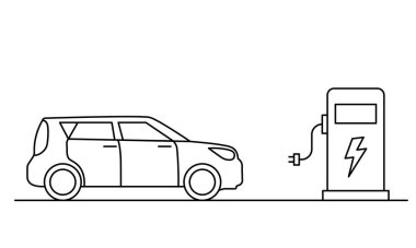 Elektrikli araba ve şarj istasyonu lineer simgeleri. Elektrikli araba şarj istasyonu. Düzenlenebilir felç. Vektör