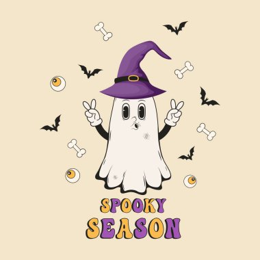 Cadılar Bayramı posteri. Yarasa, göz ve kemikleri olan modaya uygun bir hayalet karakter. Vektör