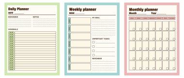 Minimalist plancıların vektör kümesi. Aylık, haftalık, günlük planlama şablonu.