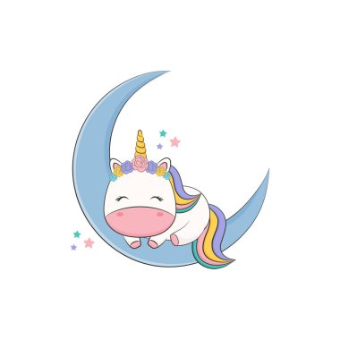 Ay 'da uyuyan şirin tek boynuzlu at. Vektör