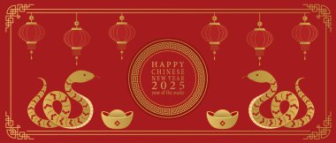 Çin Yeni Yılı 2025. Altın yılanlı kırmızı arka plan. Vektör