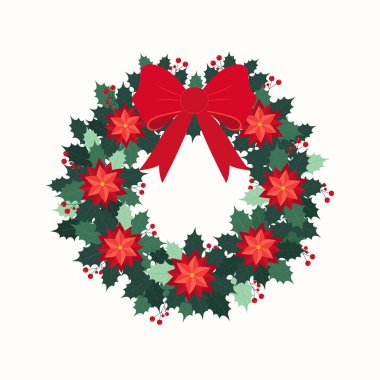 Kutlu meyveli ve kırmızı kurdeleli mutlu noel çelenkleri. Yeni yıl ve Noel süsü. Vektör