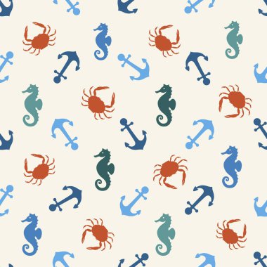 Çapalı, denizatlı ve yengeçli kusursuz vektör deseni. Deniz süslemeleri. Vektör