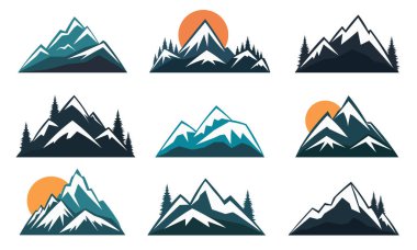 Dağ logosu simgeleri ayarlandı. Rocky Dağı siluetleri. Vektör illüstrasyonu