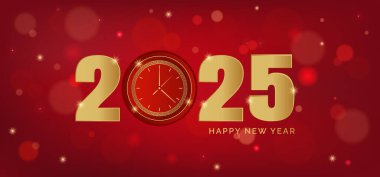 Yeni yılın kırmızı arka planında altın sayı 2025 ve bokeh etkisi ile mutlu yıllar. Vektör