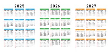 2025, 2026 ve 2027 için 12 aylık takvim tasarımları. Hafta pazar günü başlıyor. Masa takvimi tasarımı. Vektör